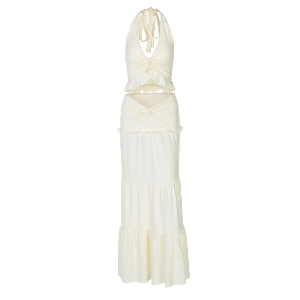 Women's V-neck Ruffled Halter Spaghetti Straps Detail Twisted Dress Suit