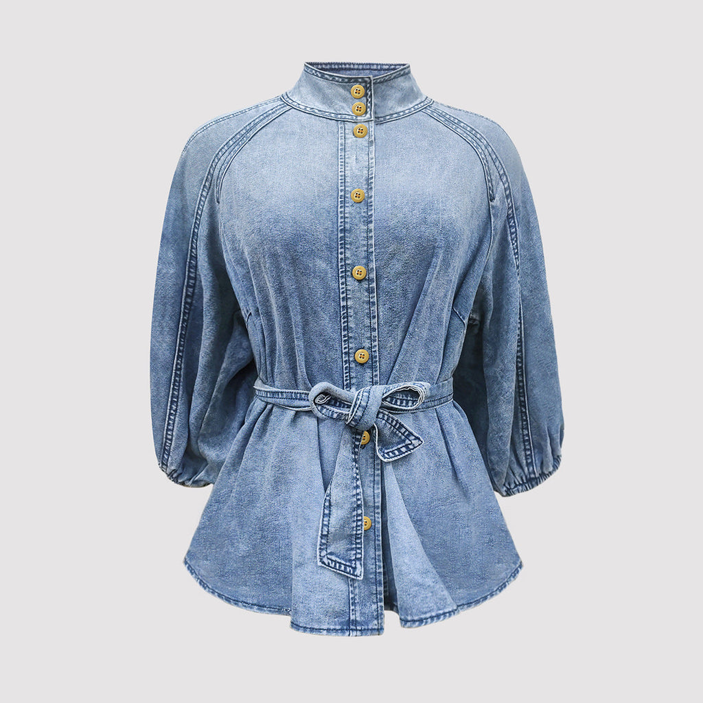 Lace up Waist Controlled Lantern Sleeve Nine Quarter Sleeve Retro Denim Shirt Women Top High Grade Stand Collar Young Show