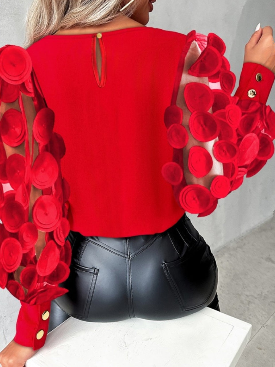 Women's Fashion Chiffon Blouse Round Neck Petals Mesh See-through Long Sleeves