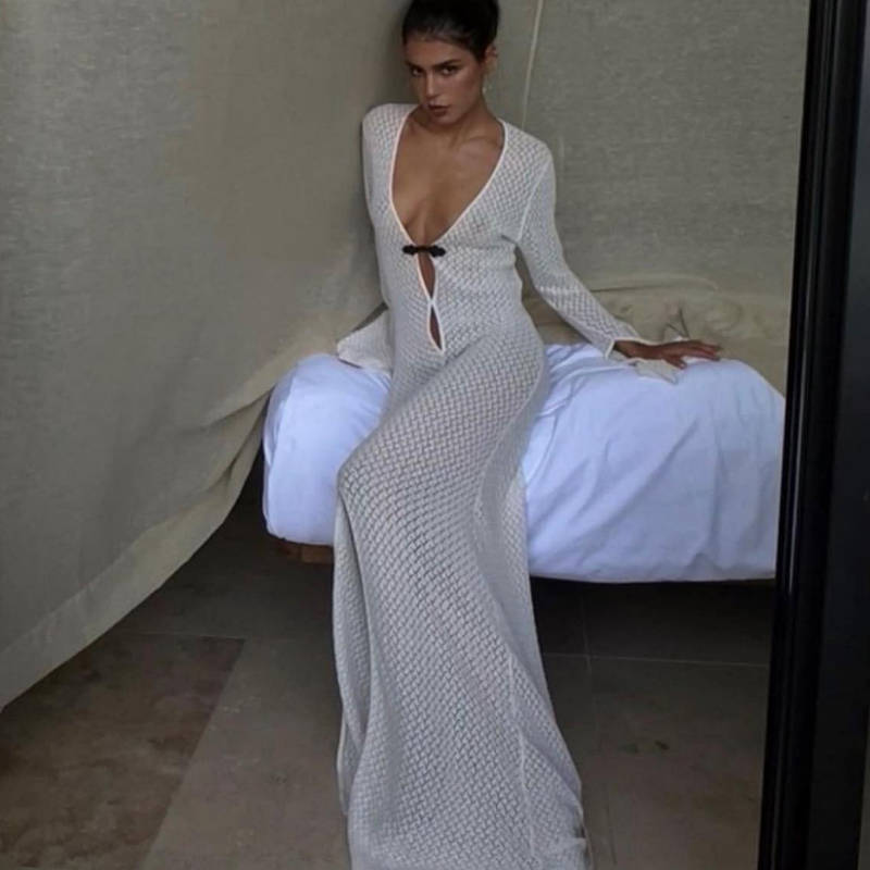 Hollow Out Cutout out Split Dress Beach Cover up V neck Beach Dress Long Mopping Fishtail Evening Dress for Women