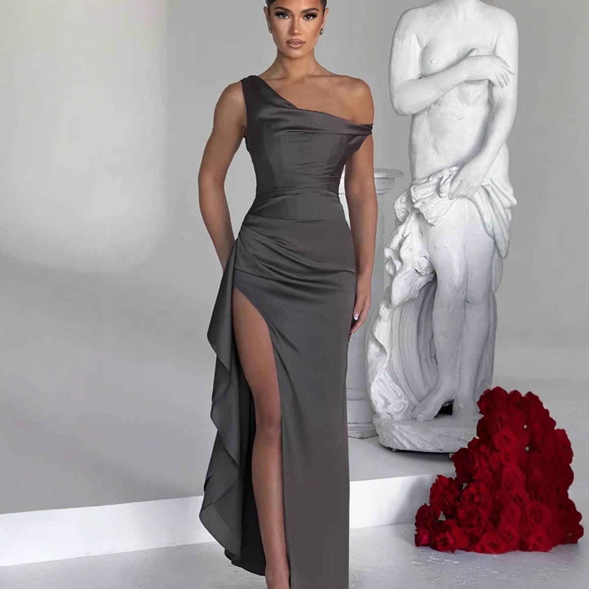Women's Slant Shoulder Satin Waist sinching Long  Dress