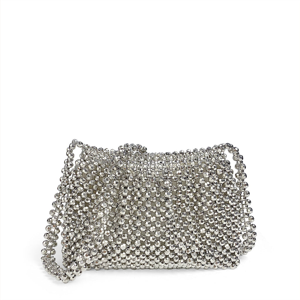 High Grade Complex Metallic Hand Woven Sliver Beads Small Square Bag Chain Crossbody Bag Beaded Mobile Phone Bag