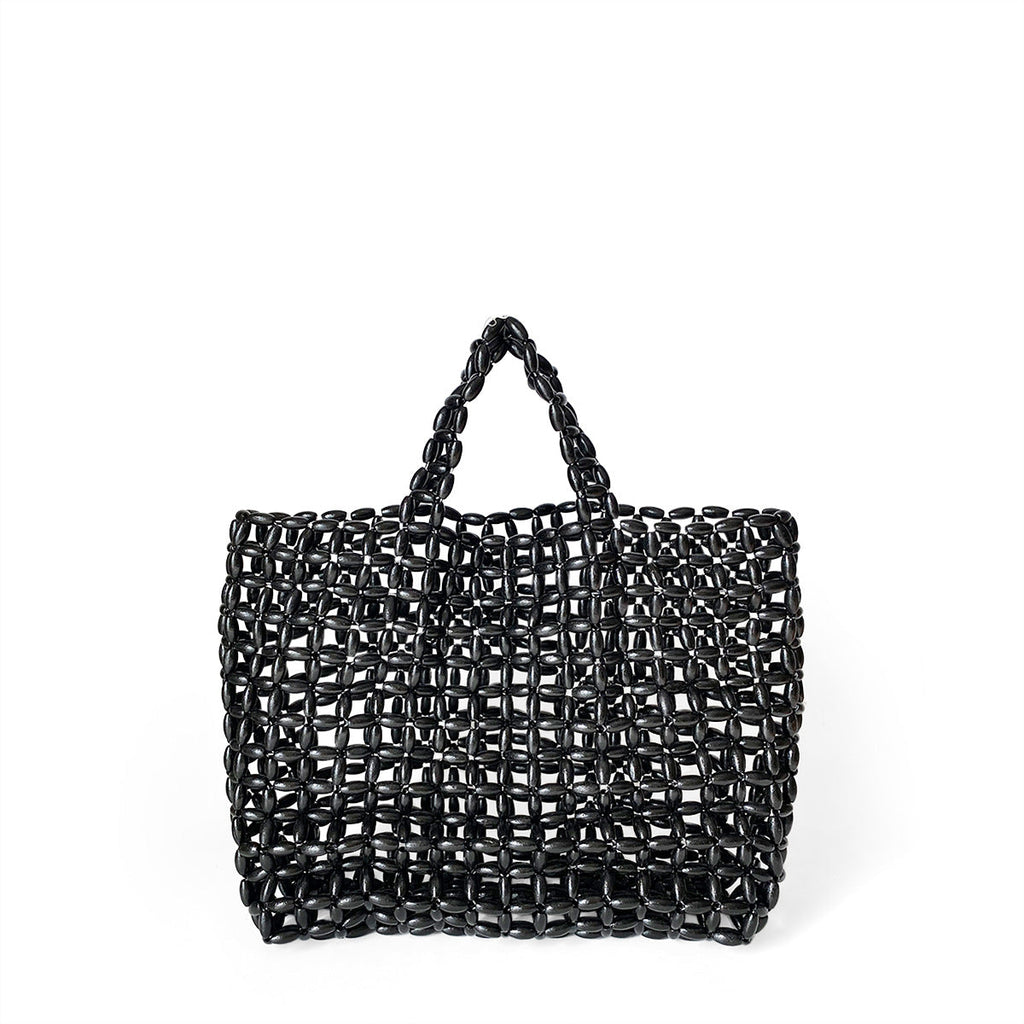 Special Interest Design Handbag with Wooden Beads Decoration Hand Woven Bag Underarm Bag Shoulder Bag Hollow Out Cutout Bag Vacation Beach Bag