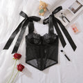 Street Sexy Lace Mesh Boning Corset Corset Pure Want to Wear outside Slim Fit Skinny Square Collar Long Sleeve Low Cut Top