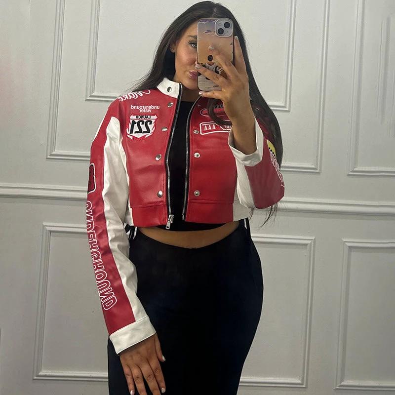 Women's Cropped Printed Long Sleeve Baseball Uniform Coat