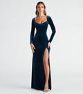 Women Clothing Long Sleeve Square Neck High Slit Thigh Solid Color Velvet Dress Cocktail Ceremony