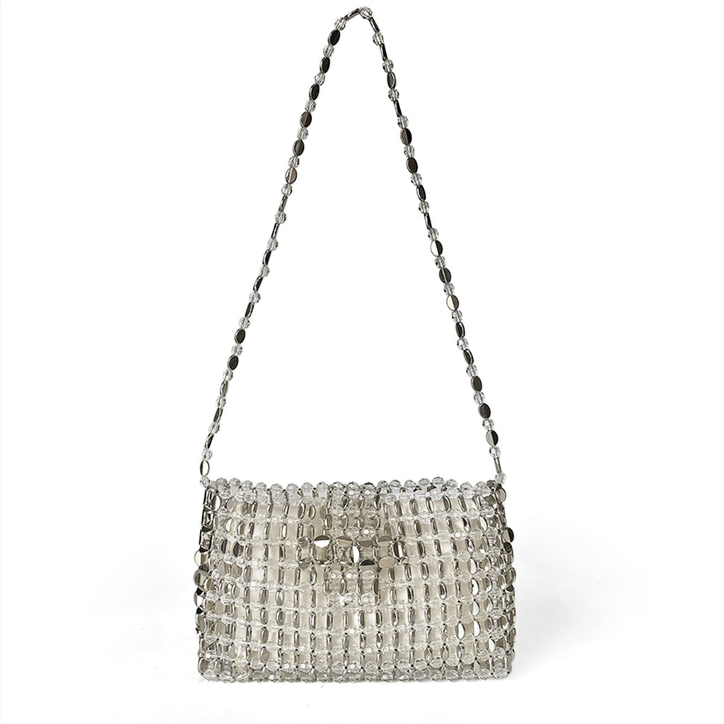 Retro Silver Beaded Bag Crossbody Bag Mobile Phone Bag Small Square Bag with Zip Hand Woven Bag