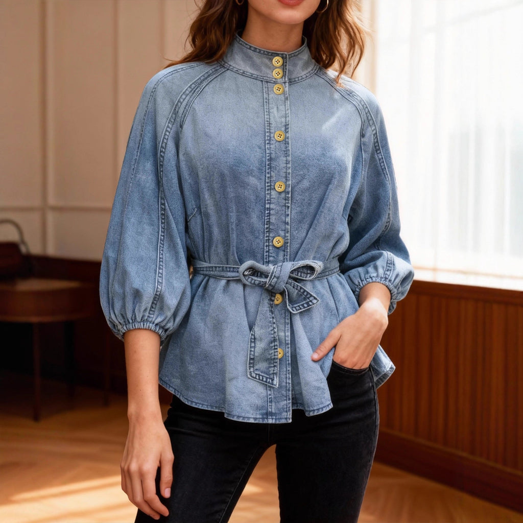 Lace up Waist Controlled Lantern Sleeve Nine Quarter Sleeve Retro Denim Shirt Women Top High Grade Stand Collar Young Show