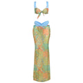 Spring Sexy Printing Color Contrast Tied Top High Waist Skirt Three Piece Sets