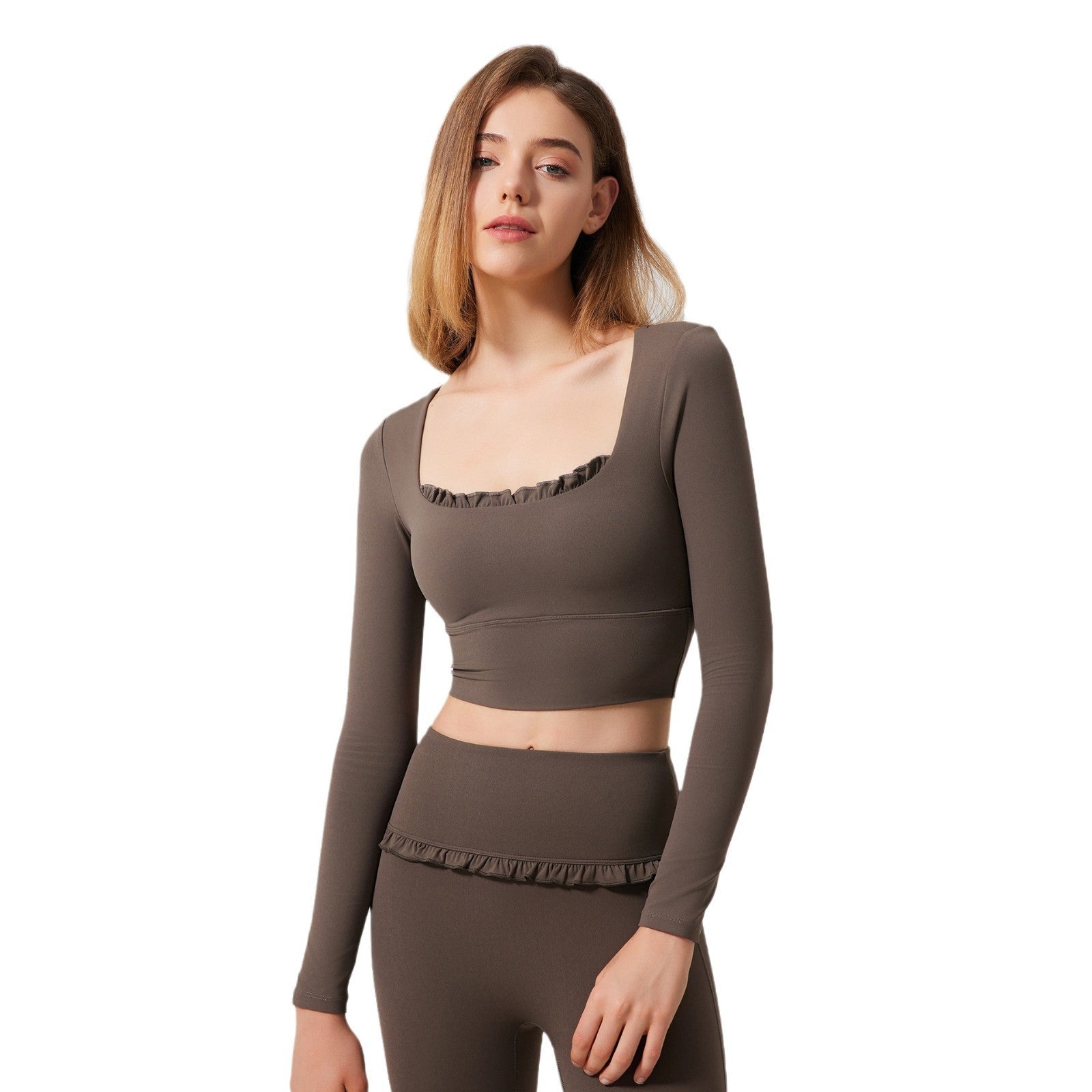 Autumn Winter Nude Feel Lace Yoga Clothes Long Sleeve Semi Fixed Cup Running Slim Sports Bra Breathable Workout Clothes Top