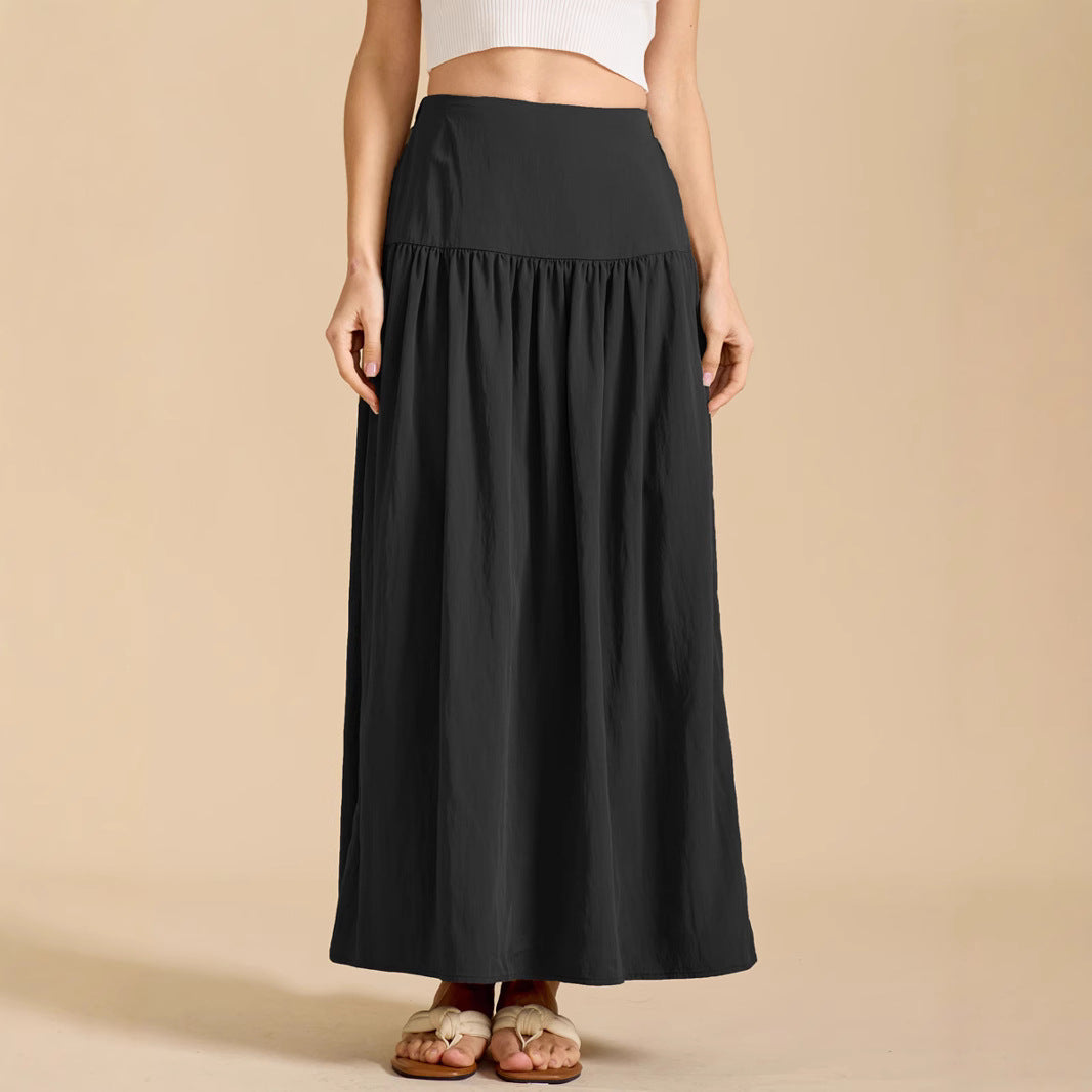 Women Cotton Pocket Skirt High Waist Back Elastic Dress Loose Pleated Large Swing Skirt