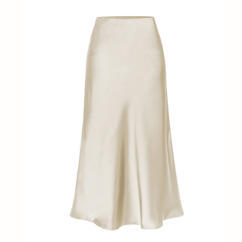 Satin Skirt Elastic High Waist Solid Color Slit Midi Skirt Women Clothing