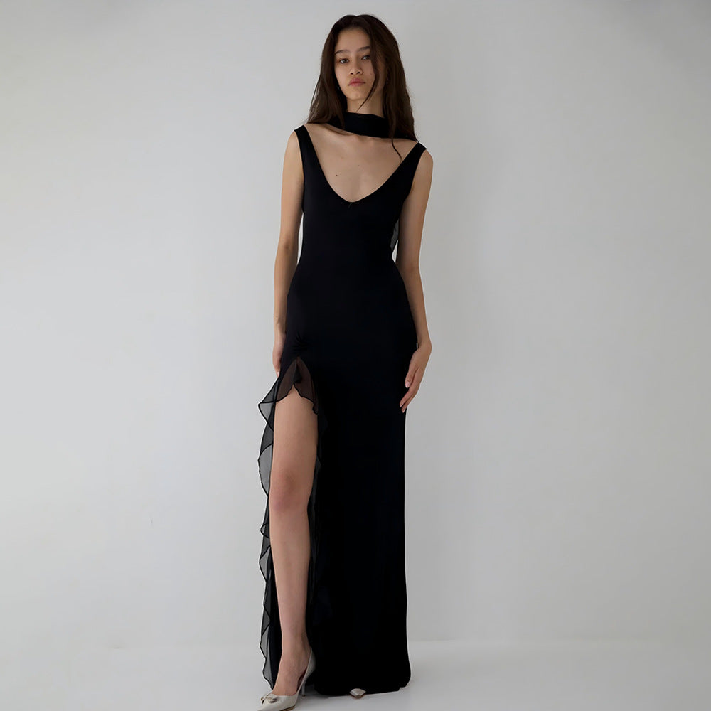 Summer Elegant Ribbon Women Dress Sexy Backless High Slit Ruffled Slim Dress