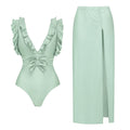 Women Swimsuit Solid Color Bow Decoration One Piece Swimsuit Set
