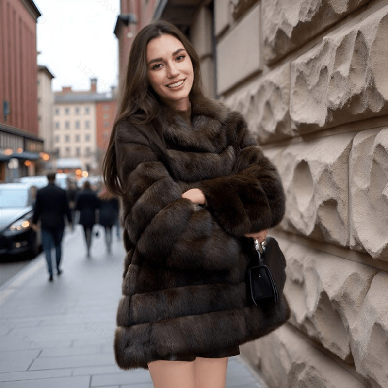 Women Artificial Mink Hair Fur Coat Mid Length Hooded Coat Fur Casual Warm Loose Office