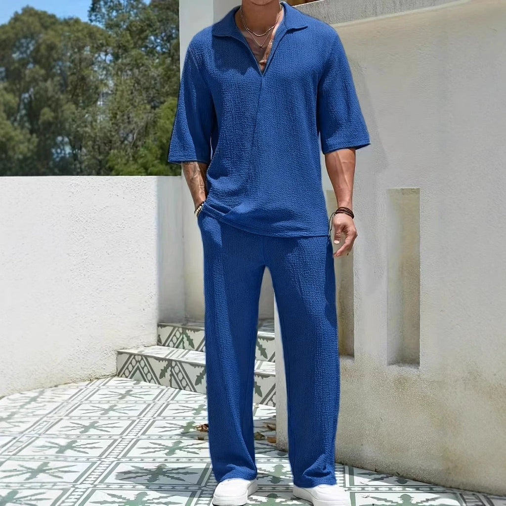 Commuter Men's Casual Shirt Solid Color Half Sleeve Trousers Two-piece Suit