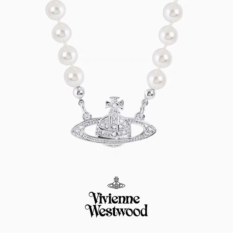 Women's Sterling Sier Classic Saturn Pearl Pin Necklaces