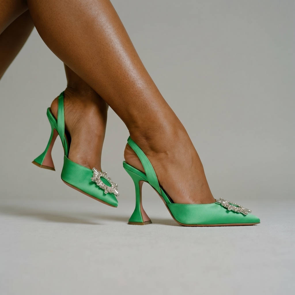 Obsessed Pointed Toe Crystal Brooch Green Heels