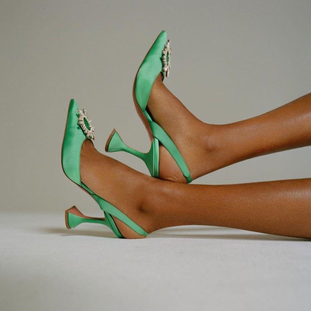 Obsessed Pointed Toe Crystal Brooch Light Green Heels