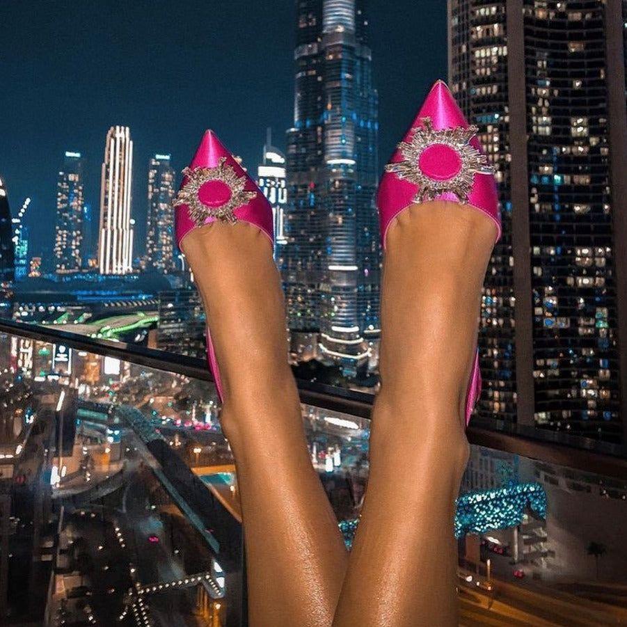 Obsessed Pointed Toe Crystal Brooch Hot Pink Heels