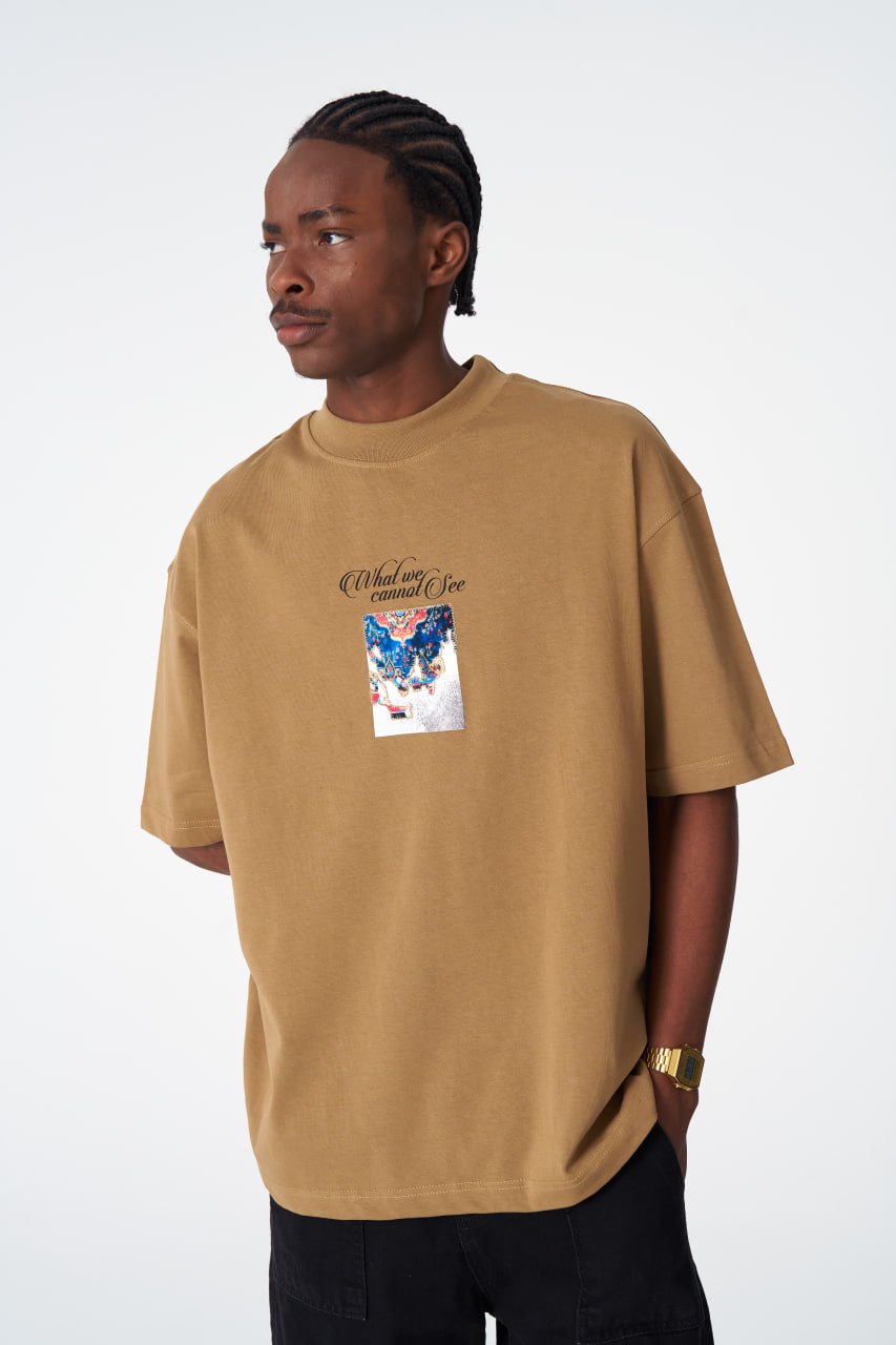 Oversize Cotton Tee / "AWARE" Dove Hands Symbolic Graphic Print