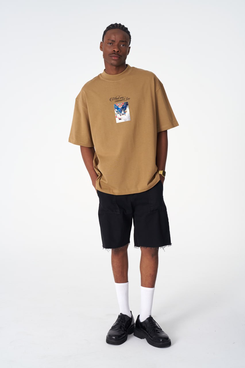 Oversize Cotton Tee / "AWARE" Dove Hands Symbolic Graphic Print