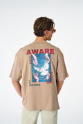 Oversize Cotton Tee / "AWARE" Dove Hands Symbolic Graphic Print