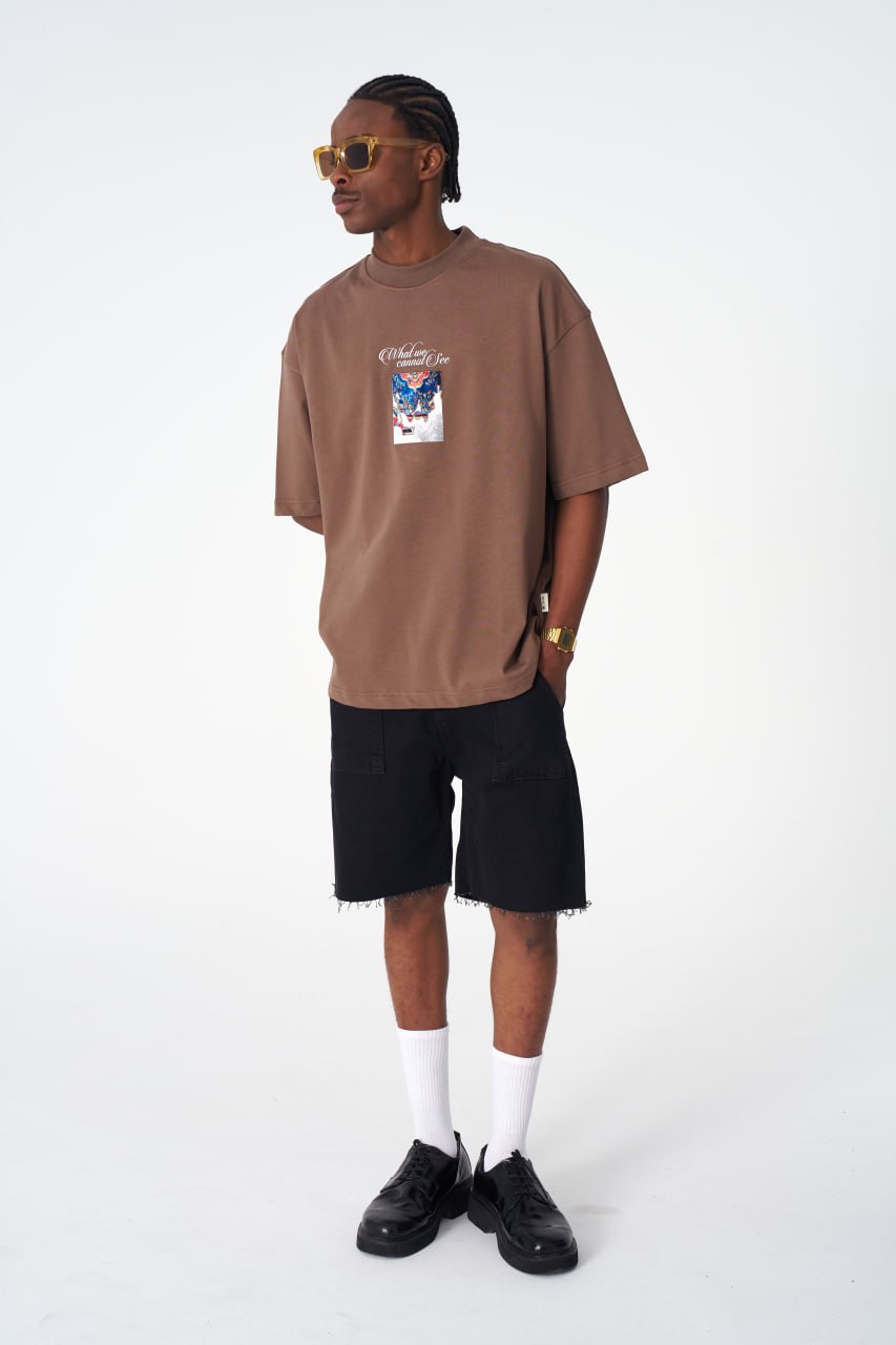 Oversize Cotton Tee / "AWARE" Dove Hands Symbolic Graphic Print