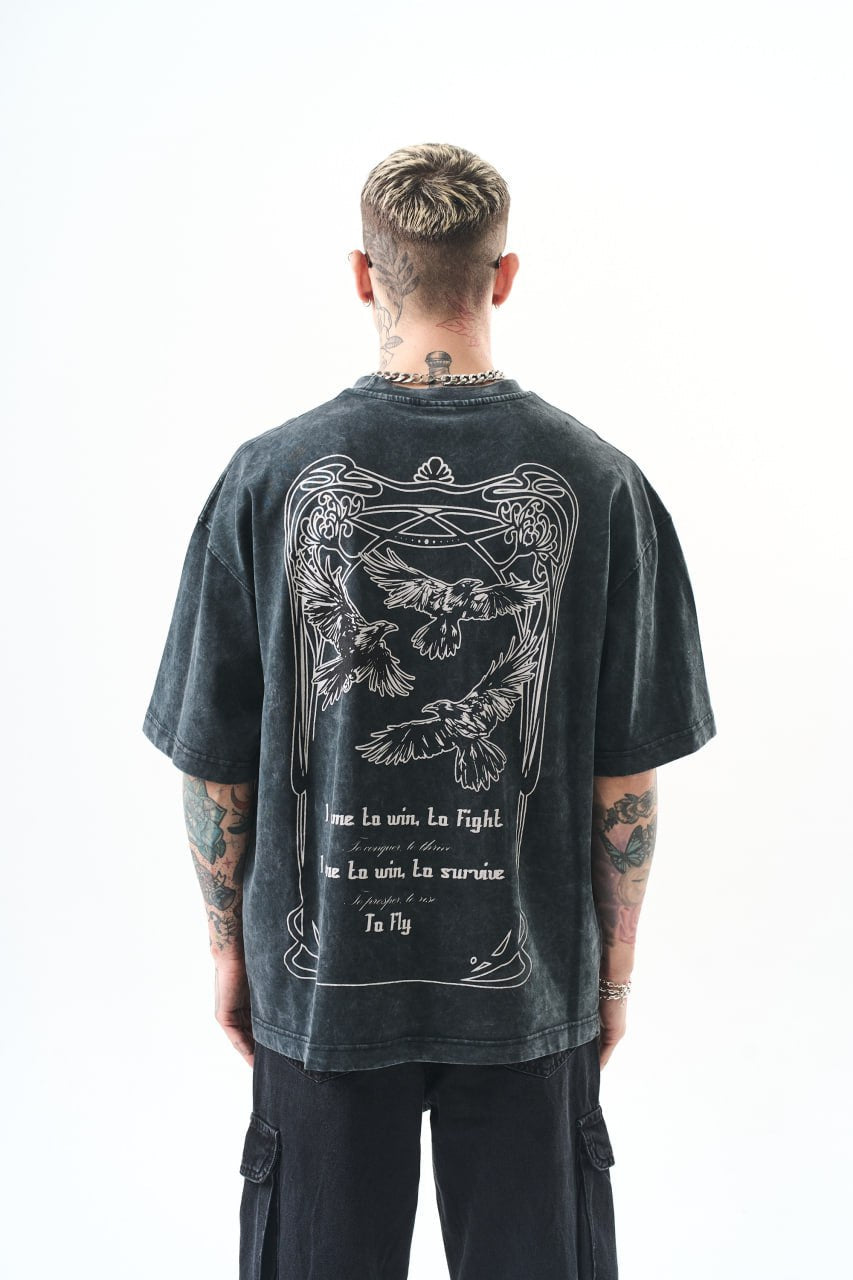 Oversize Cotton Tee - Crows and "To Fly" Graphic Print