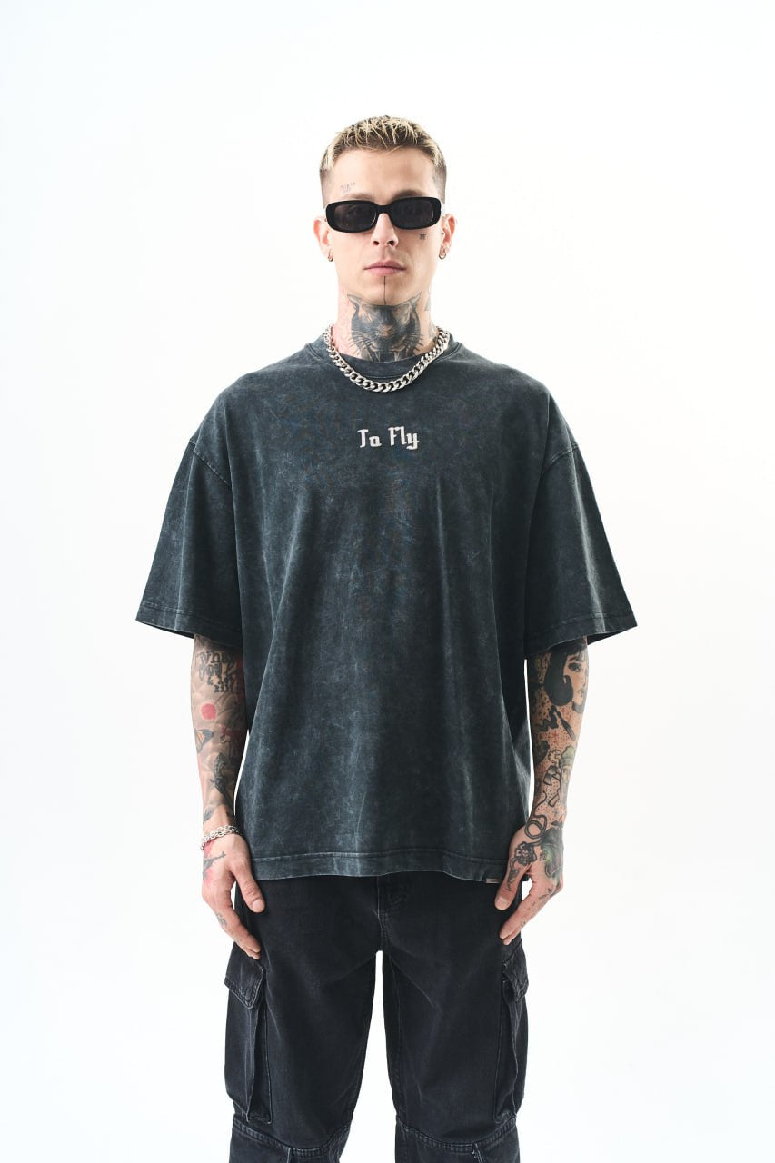 Oversize Cotton Tee - Crows and "To Fly" Graphic Print