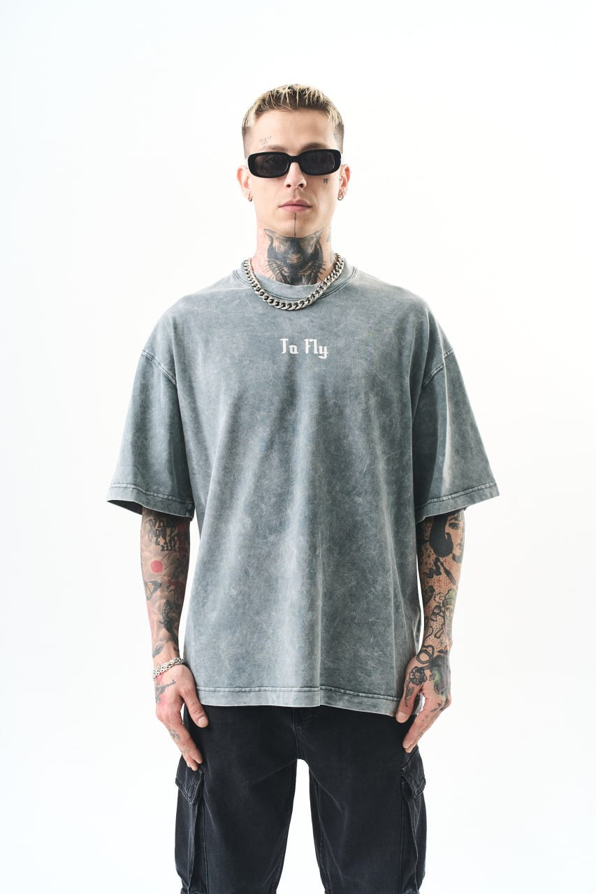 Oversize Cotton Tee - Crows and "To Fly" Graphic Print