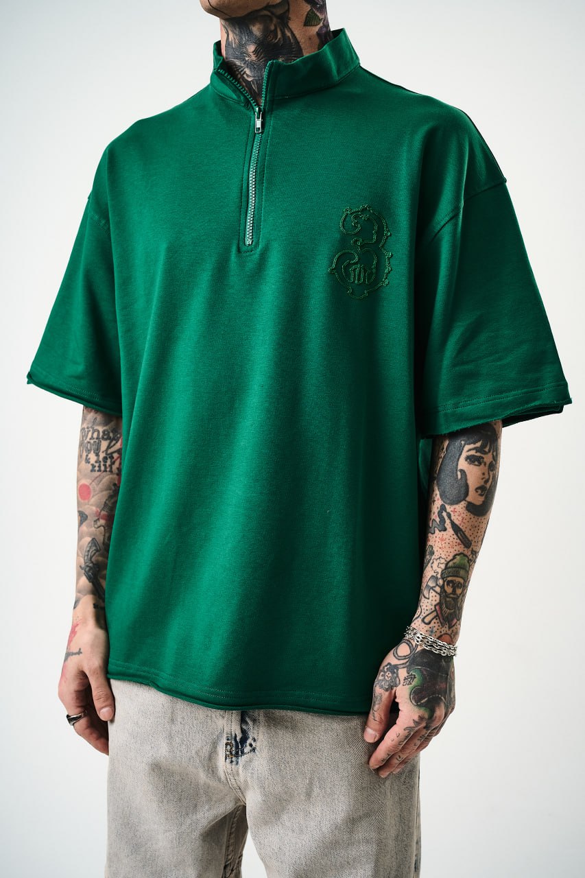 Oversize Cotton Tee - Half-Zip High Neck Chain Graphic Shirt