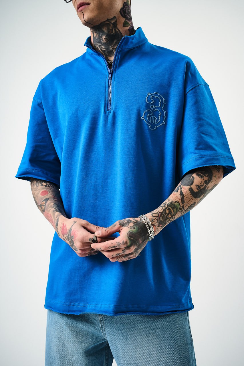 Oversize Cotton Tee - Half-Zip High Neck Chain Graphic Shirt