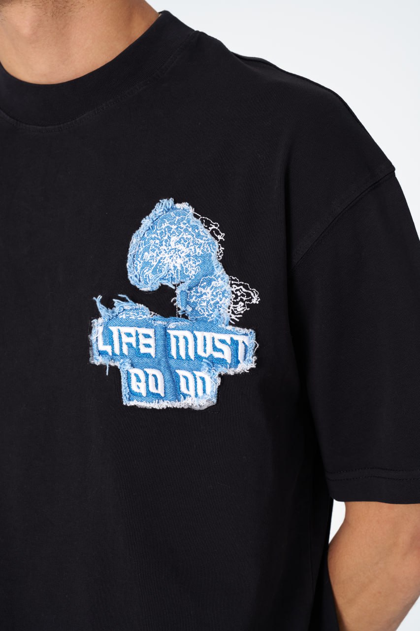 Oversize Cotton Tee - "Life Must Go On" Patch & Plant Graphic