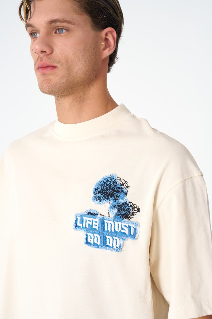 Oversize Cotton Tee - "Life Must Go On" Patch & Plant Graphic