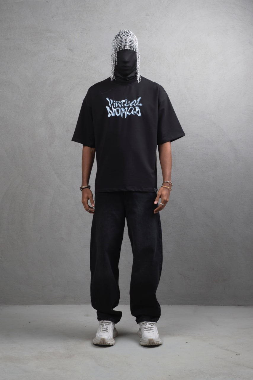 Oversize Cotton Tee – "Virtual Nomad" Graphic Print