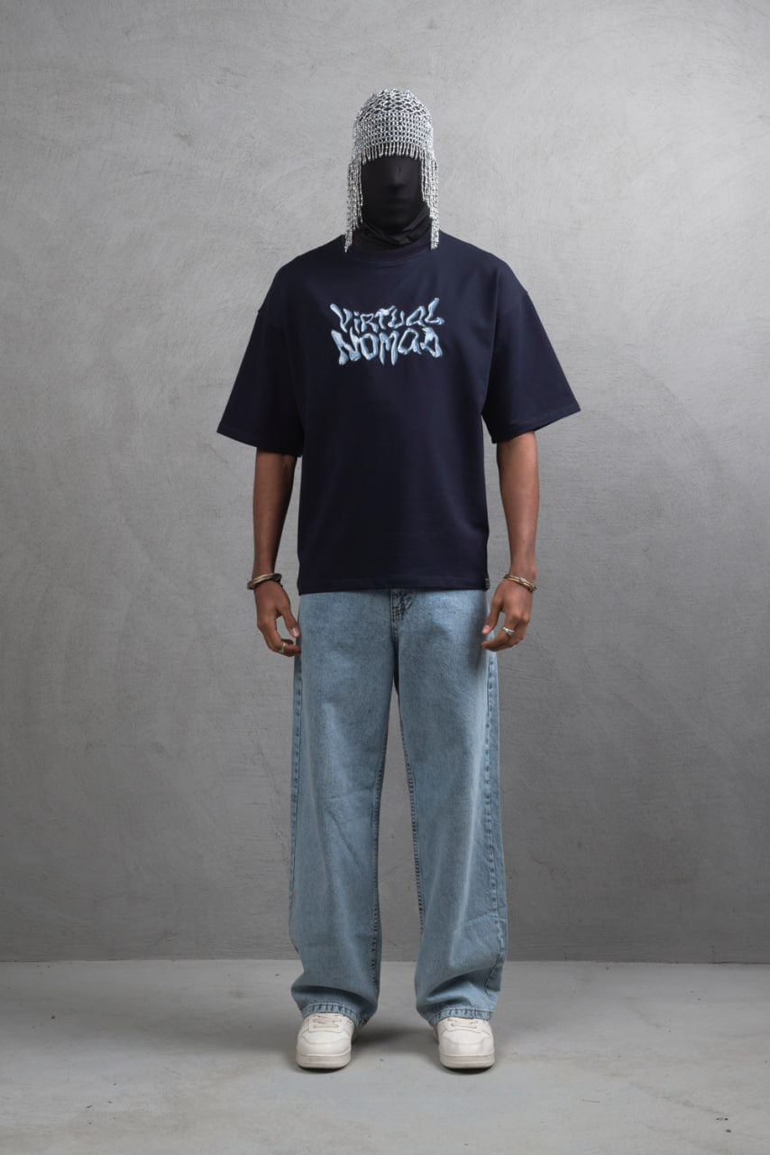 Oversize Cotton Tee – "Virtual Nomad" Graphic Print