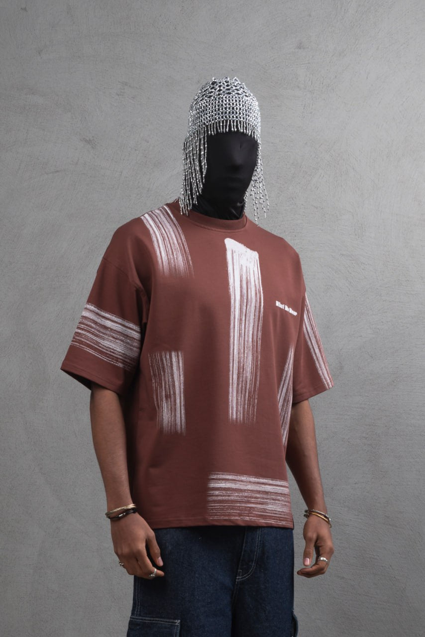Oversize Graphic Cotton Tee - Abstract Vertical Stroke Print