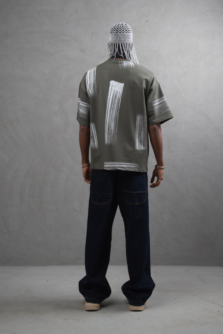Oversize Graphic Cotton Tee - Abstract Vertical Stroke Print