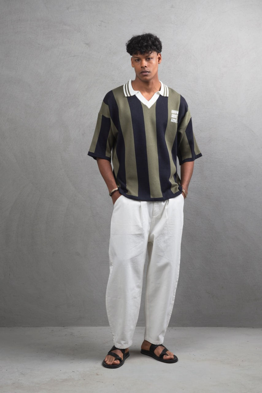 Oversize Striped Cotton Polo Tee – "What We Wear" Design Shirt