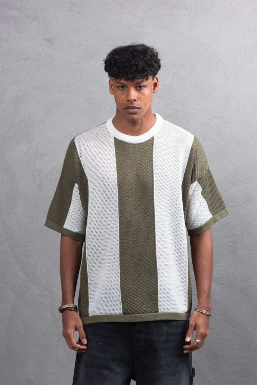 Oversize Textured Panel Cotton Tee – Vertical Striped Design
