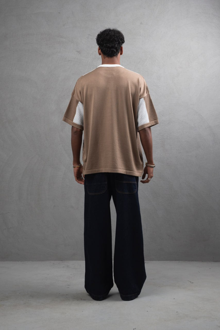 Oversize Textured Panel Cotton Tee – Vertical Striped Design