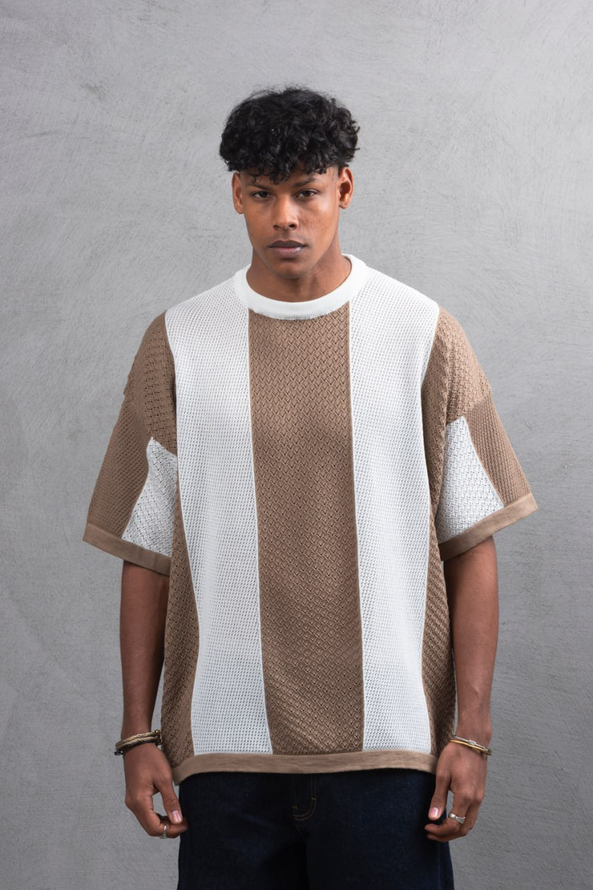 Oversize Textured Panel Cotton Tee – Vertical Striped Design