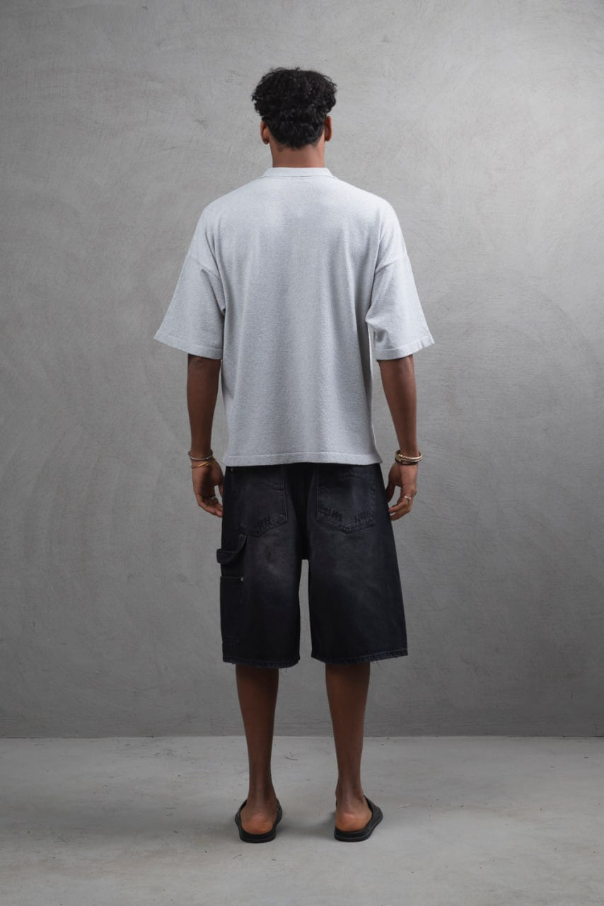 Oversize Textured Cotton Polo Tee – 3-Button Collar Relaxed Fit Shirt