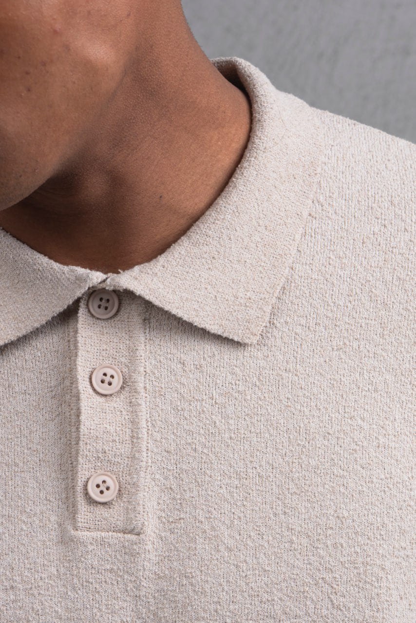 Oversize Textured Cotton Polo Tee – 3-Button Collar Relaxed Fit Shirt