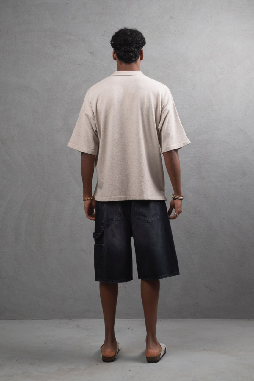 Oversize Textured Cotton Polo Tee – 3-Button Collar Relaxed Fit Shirt