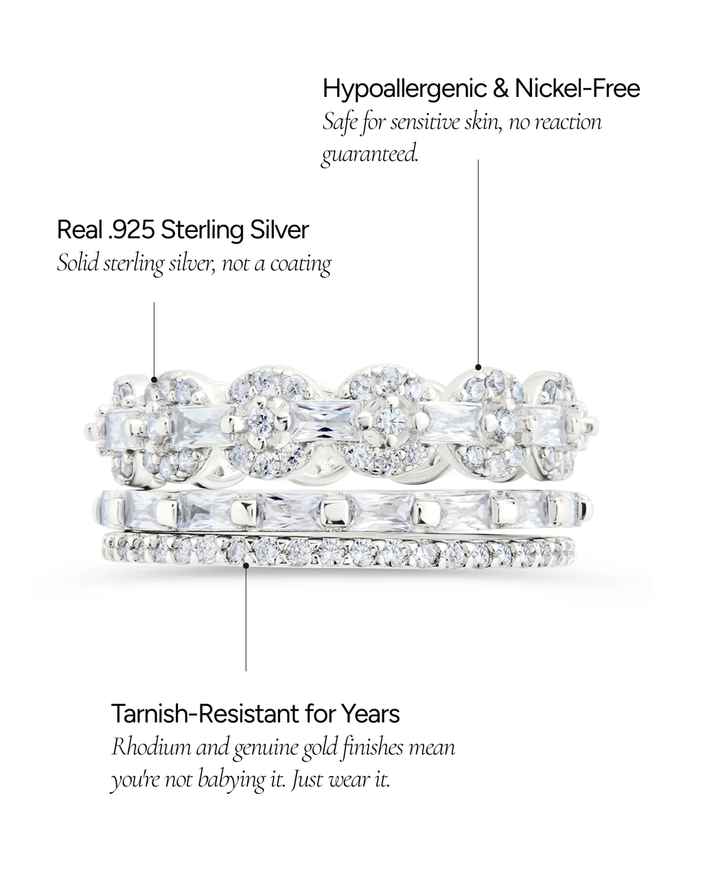 Sterling Silver Melody CZ Bezel Ring Set of 3
