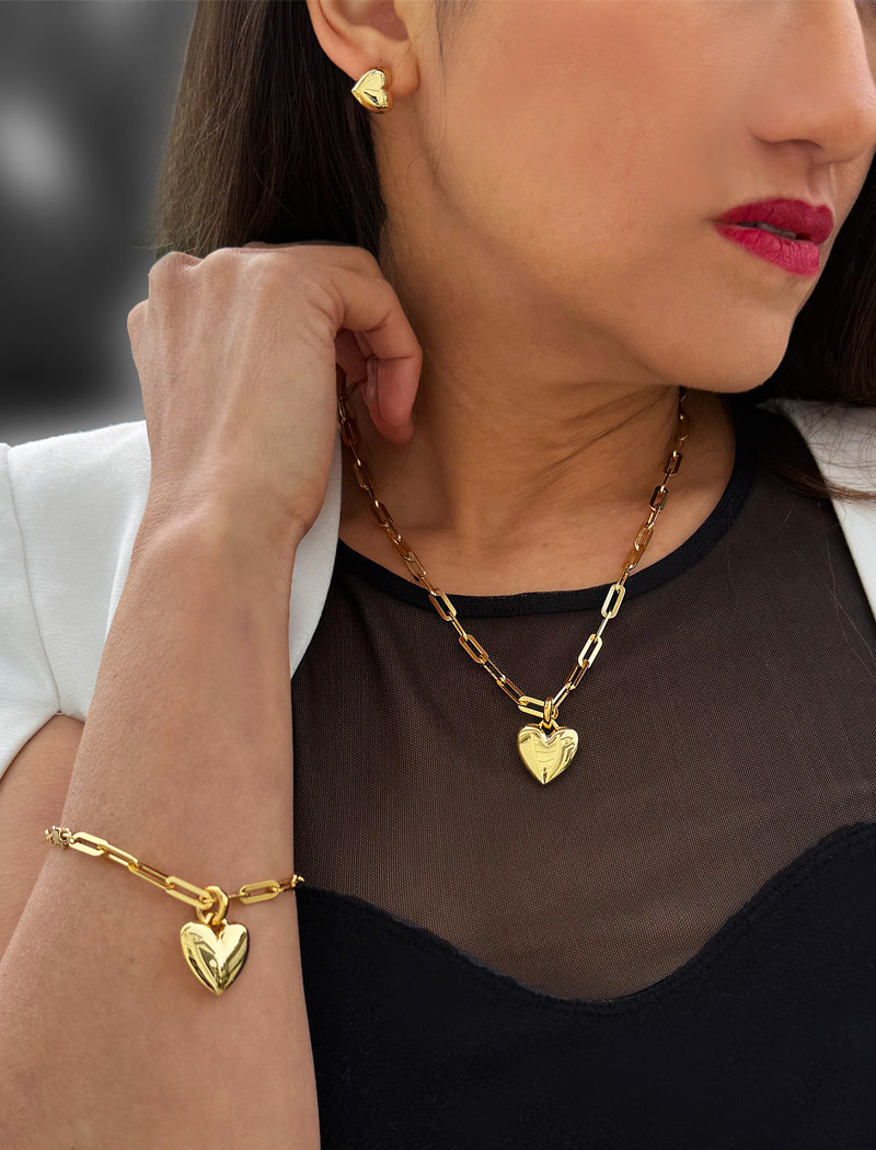 PUFFY HEART Charm Medium Paperclip Link Chain Bracelet | 18K Gold Vermeil