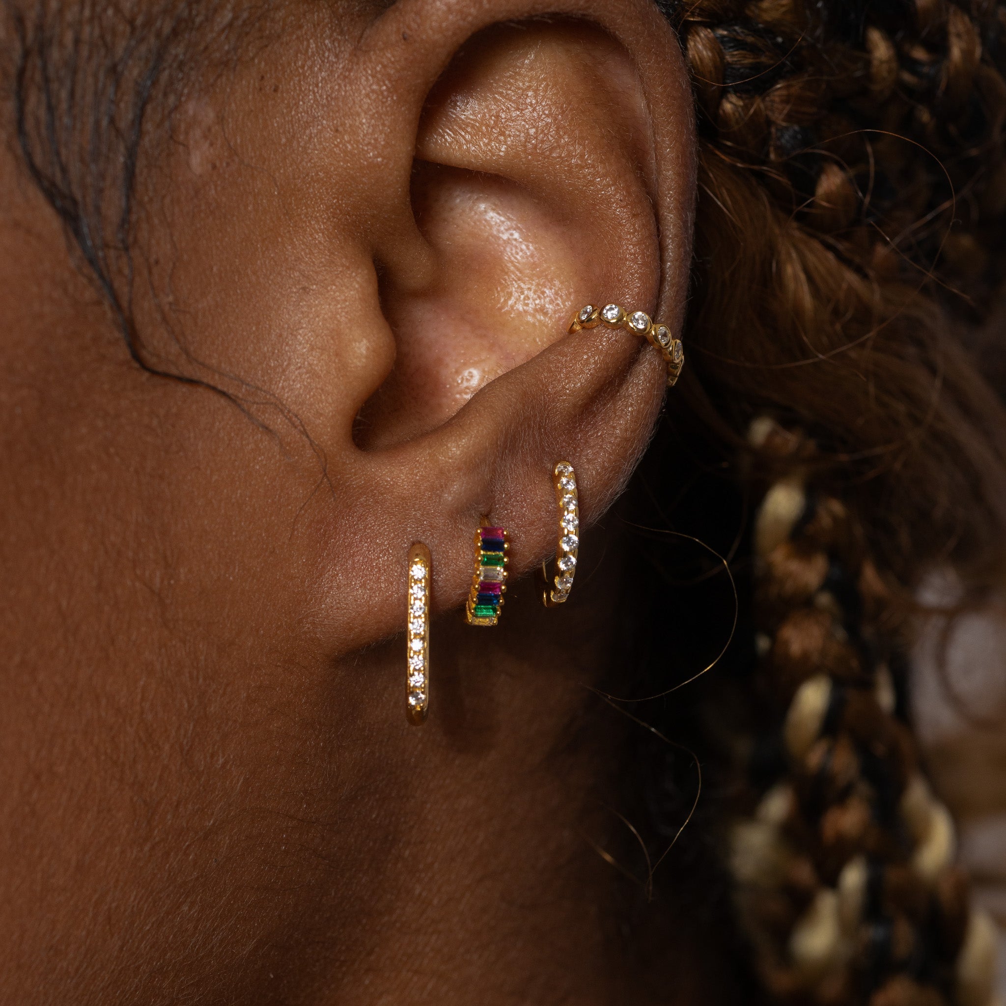 Rainbow Colored Baguette CZ Pave Huggie Hoop Earrings