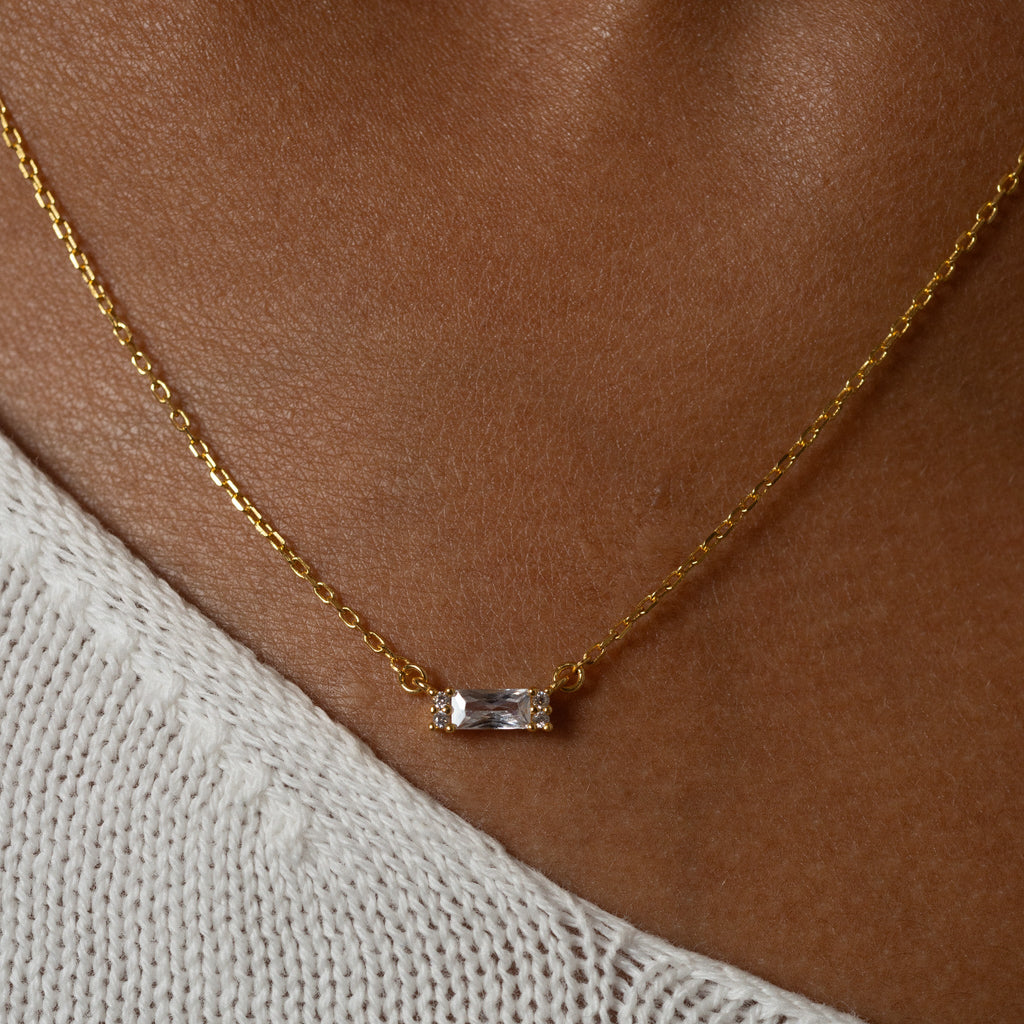 Bar Square Necklace with White Gem